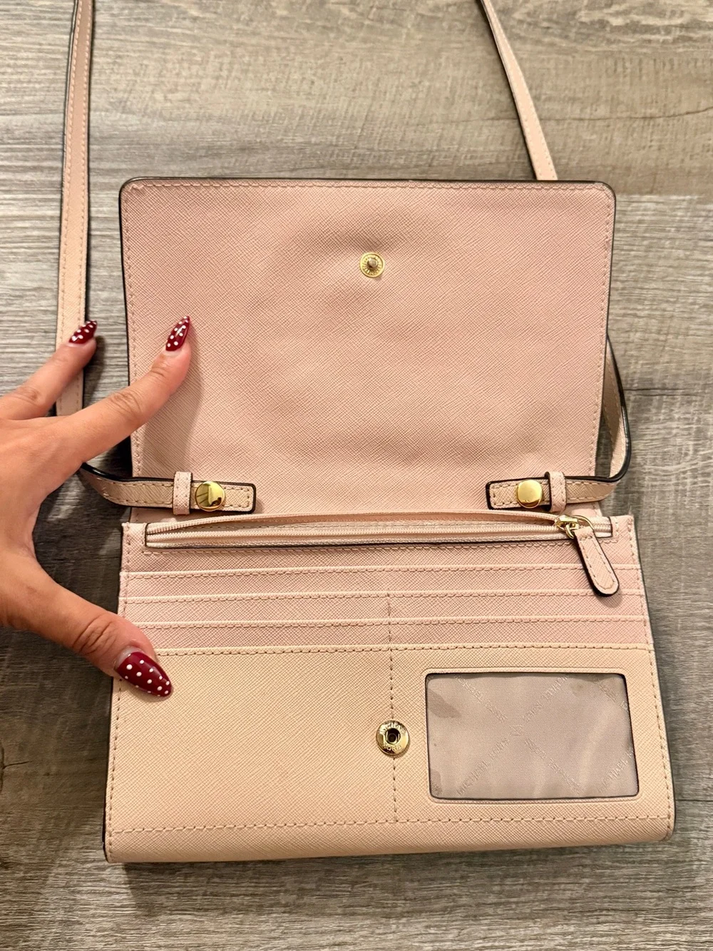 Michael Kors Pink Saffiano Crossbody Wallet with Gold Logo